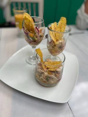 Mushroom ceviche with green banana slides. at Serendipia Encuentro in Salento