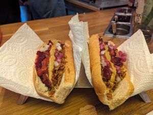 Vegan (soy) hotdogs with the lot at Raketten Bar & Pølse in Tromsoe