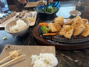 Teriyaki tofu with collection of veggie rolls  at Sakura Sushi & Grill in Hilo