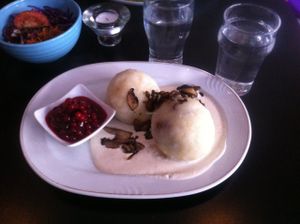 Traditional Swedish "husman" från Gotland or Öland - kroppkakor, served with gravy, mushroom and lingonberry. Boy oh boy! at Kao's in Malmo