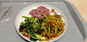 Rice w 2 dishes, 70 baht at Talalaks  in Bangkok