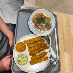 Mushroom Noodle Soup & Mock Chicken Satay Sticks at Talalaks  in Bangkok