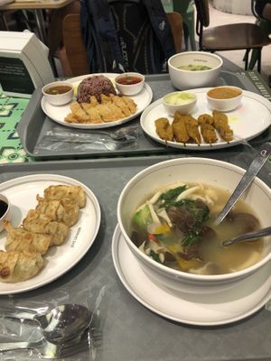 Clear soup, soy sate, steamed rice and gyoza  at Talalaks  in Bangkok