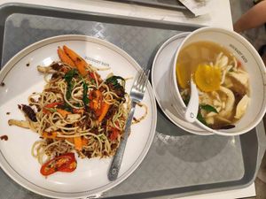 OMG this spaghetti with soy protein! and so good Thai soup with so much mushrooms, herbs and pumpkin etc. at Talalaks  in Bangkok