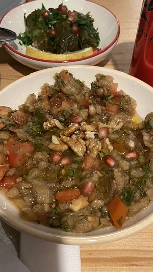 Baba ganoush, rice in wine leaves  at Mezze in Lisbon