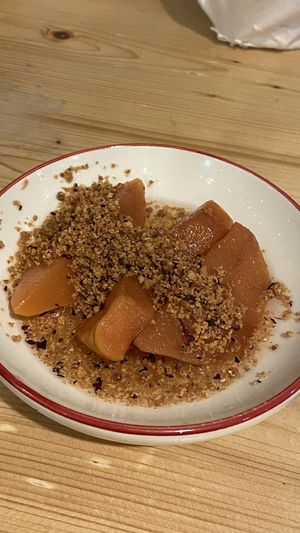 Dessert of pear and rose in syrup   at Mezze in Lisbon