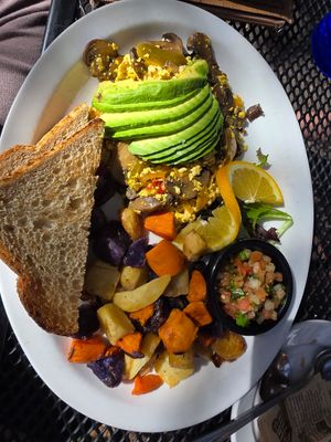 Delicious garden tofu scramble w sourdough toast at Secret Garden Cafe in Sedona