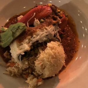 Scrumptious stuffed red pepper & stuffed chili relleno.  at Secret Garden Cafe in Sedona