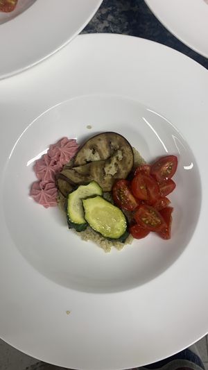 Quinoa, verdure al forno e crema alla polvere di barbabietola😍  at Azalea Park Hotel in Cavalese