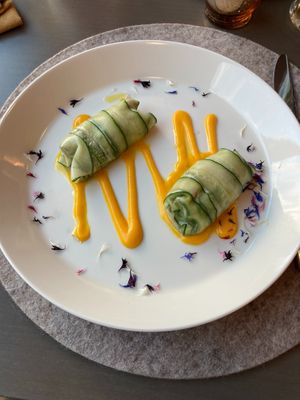 Rolls di cetrioli marinati alla maggiorana, ripieni di crema di lenticchie , su salsa di carote! at Azalea Park Hotel in Cavalese