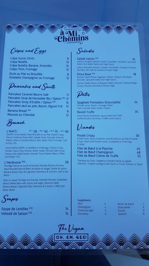 The menu (no more vegan pancakes) at A Mi Chemins in La Marsa