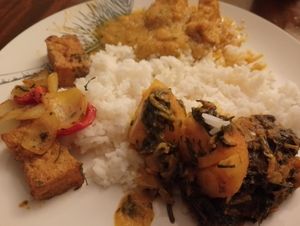 Saag aloo, salt and pepper tofu and tofu passanda at Chillies Bangladeshi & Indian in Banwell