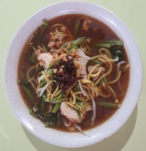 Prawn noodles. 
Photo by Sam Lama at He Hua Vegetarian 荷花素食 in Central Singapore
