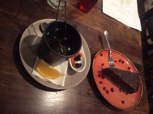 A mint tea and cake. at VegANGELov  in Belgrade