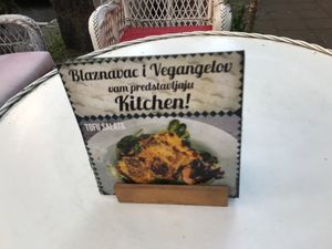 Table menu in front of Blaznavac. at VegANGELov  in Belgrade