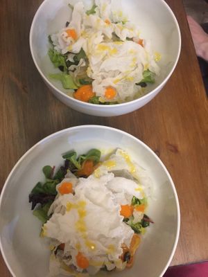 The QZ salad split in to two bowls. at VegANGELov  in Belgrade