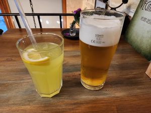 Ginger housemade lemonade and a draft beer at VegANGELov  in Belgrade