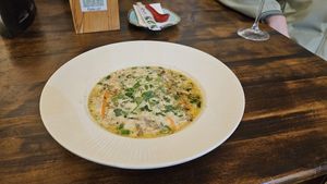 Ginger, coconut soup with vegetables at VegANGELov  in Belgrade