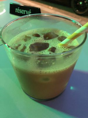 Night time photo of tumeric mushroom drink  at VegANGELov  in Belgrade