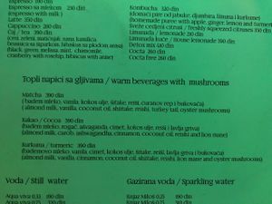 The mushroom drink selection, night time photo  at VegANGELov  in Belgrade