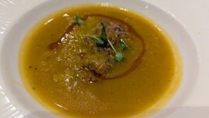 Pumpkin soup with quinoa at VegANGELov  in Belgrade
