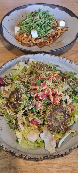 Falafel salad and tagliatelle primavera at VegANGELov  in Belgrade