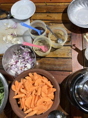 spices + cut veggies  at Priya's Cooking School in Ella