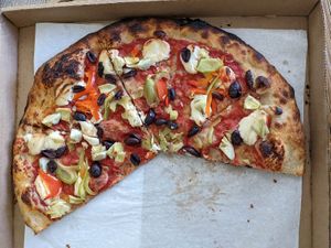 double topping mac nut cheeze, artichoke, peppers, olives (would omit olives next time cuz they compete too much with the cheeze) at Pau Pizza in Waimea