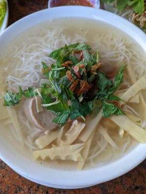 Soup part of the Duck Noodle Soup with Bamboo Shoots ($13) at Thuong An lac in Honolulu