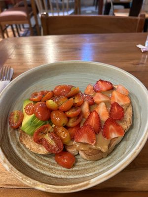 Avocado on toast + peanut butter and strawberry  at Patcharee French Bakery in Ao Nang