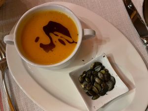 Vegan pumpkin soup (starter)  at La Ferme in Saas-fee