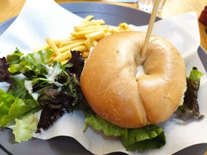 Vegan breakfast sandwich (with polenta) at Estrella Cosmos in Thessaloniki