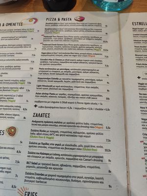 The menu at Estrella Cosmos in Thessaloniki