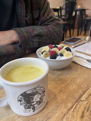 Golden latte with parfait  at Harlow - 23rd Ave in Portland