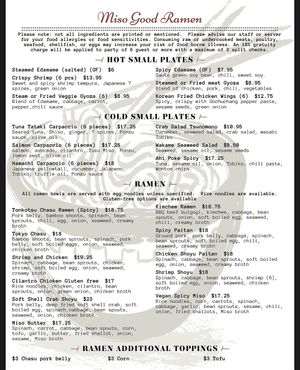 Menu  at Miso Good Ramen in Santa Rosa