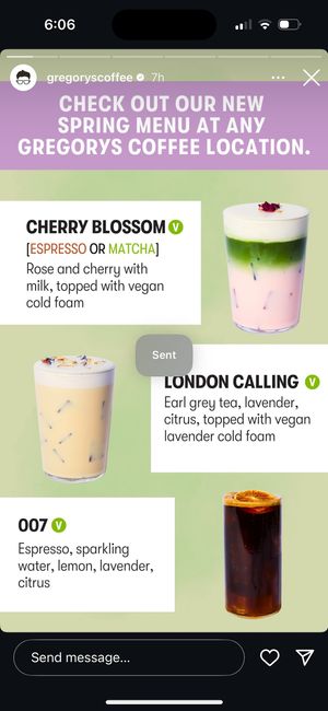 Spring menu vegan options  at Gregory's Coffee in Melville