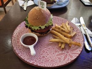 Vegan burger with salt & pepper seasoned fries at LN Fortunate Coffee in Shanghai