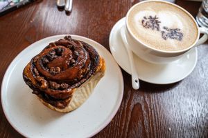 Cinnamon roll + cappuccino   at LN Fortunate Coffee in Shanghai