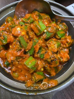 Lady fingers which despite the look is not spicy at all. Love it still though!  at Gokul Vegetarian Restaurant - Fortune Centre in Central Singapore