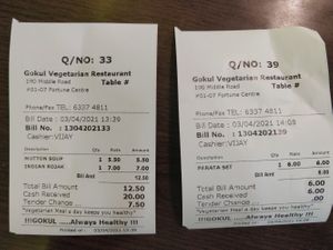 Receipts... For memory sake at Gokul Vegetarian Restaurant - Fortune Centre in Central Singapore