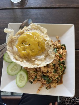 Fried basil tofu with vegan egg  at JaJa's Restaurant Thai Vegan in Koh Phangan