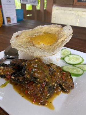 Soy fish with Tofu/Pumpkin Fried Sunny Side Up!  at JaJa's Restaurant Thai Vegan in Koh Phangan