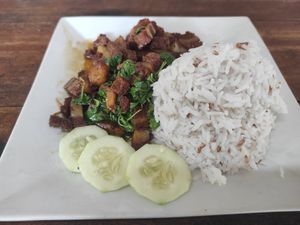 Crispy 'Pork'Belly with basil on Rice at JaJa's Restaurant Thai Vegan in Koh Phangan