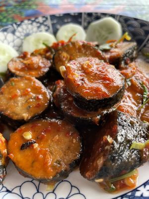 fried celery fish with chilli sauce   at JaJa's Restaurant Thai Vegan in Koh Phangan