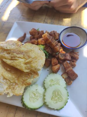 Pork and omelette at JaJa's Restaurant Thai Vegan in Koh Phangan