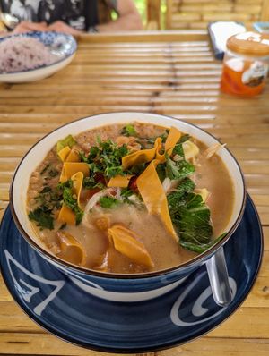 Tom yum noodles and dumplings at JaJa's Restaurant Thai Vegan in Koh Phangan