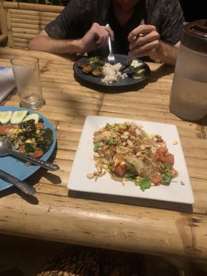 In the back vegan fish, in the front glass noodle salad & Tom yum fried rice  at JaJa's Restaurant Thai Vegan in Koh Phangan