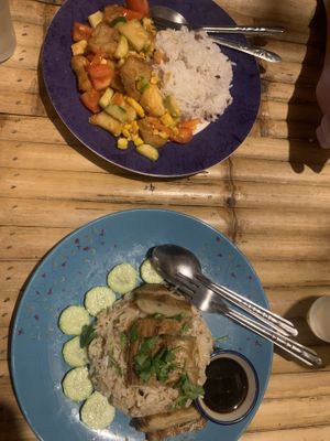 Sweet & sour vegan chicken (top), vegan duck (bottom)  at JaJa's Restaurant Thai Vegan in Koh Phangan
