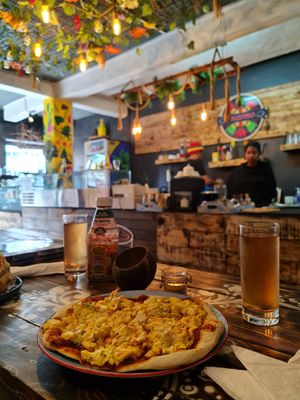 Goddess pizza with tofu, vegan cheese and supposedly fresh vegetables. at Shlomo in Grand Baie