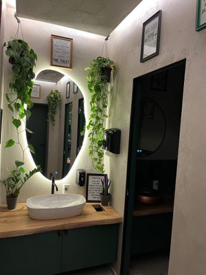 Bathroom decor at Fit Food in Tirana